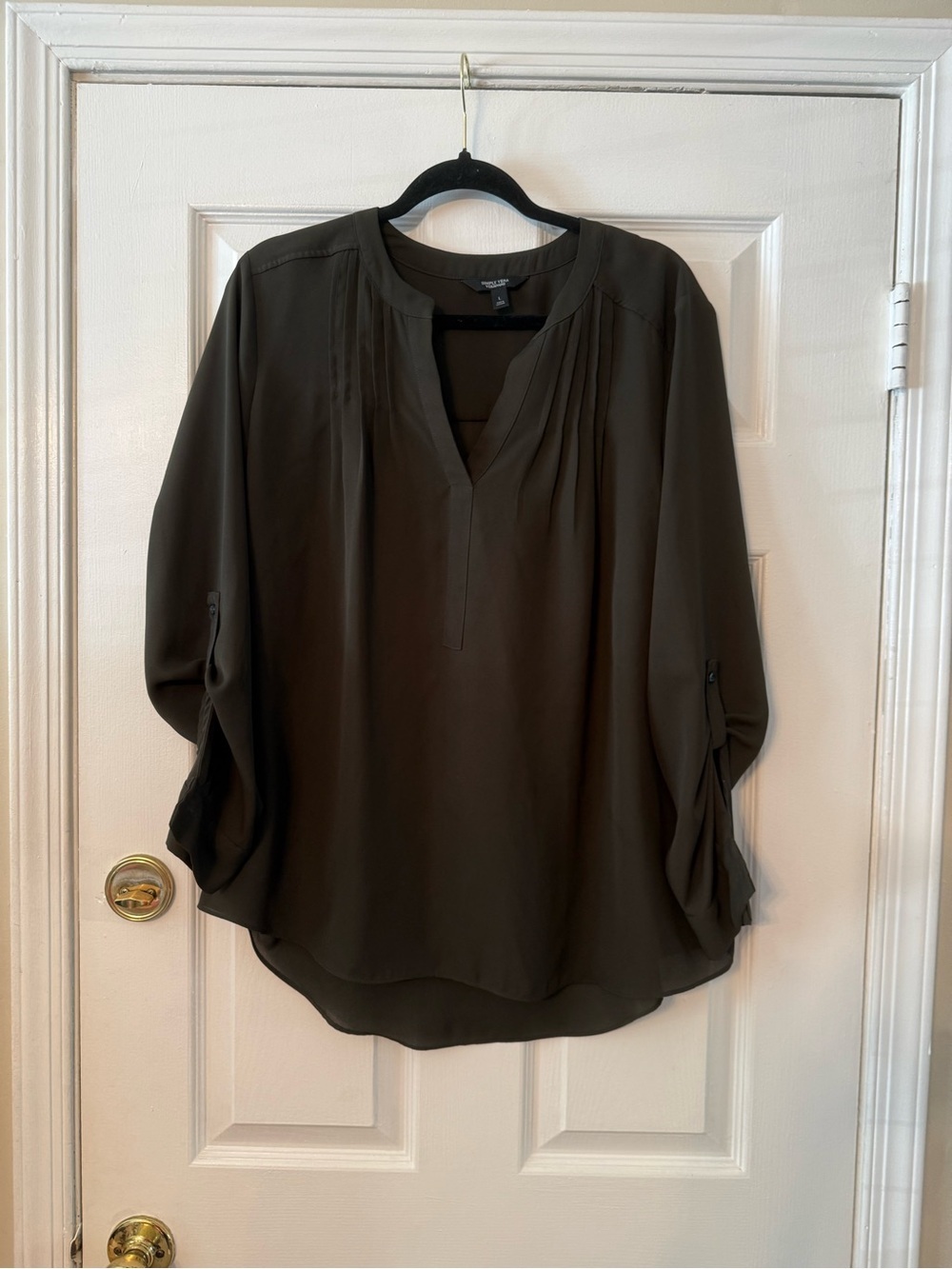 Simply Vera Vera Wang Olive Green Pleated Split-Neck Blouse